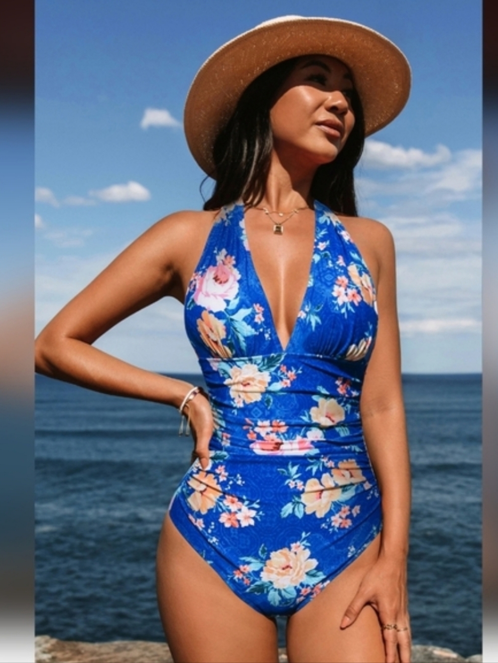 Cupshe Blue Floral Plunging Tummy Control One-Piece Swimsuit. NEW! - Picture 6 of 10